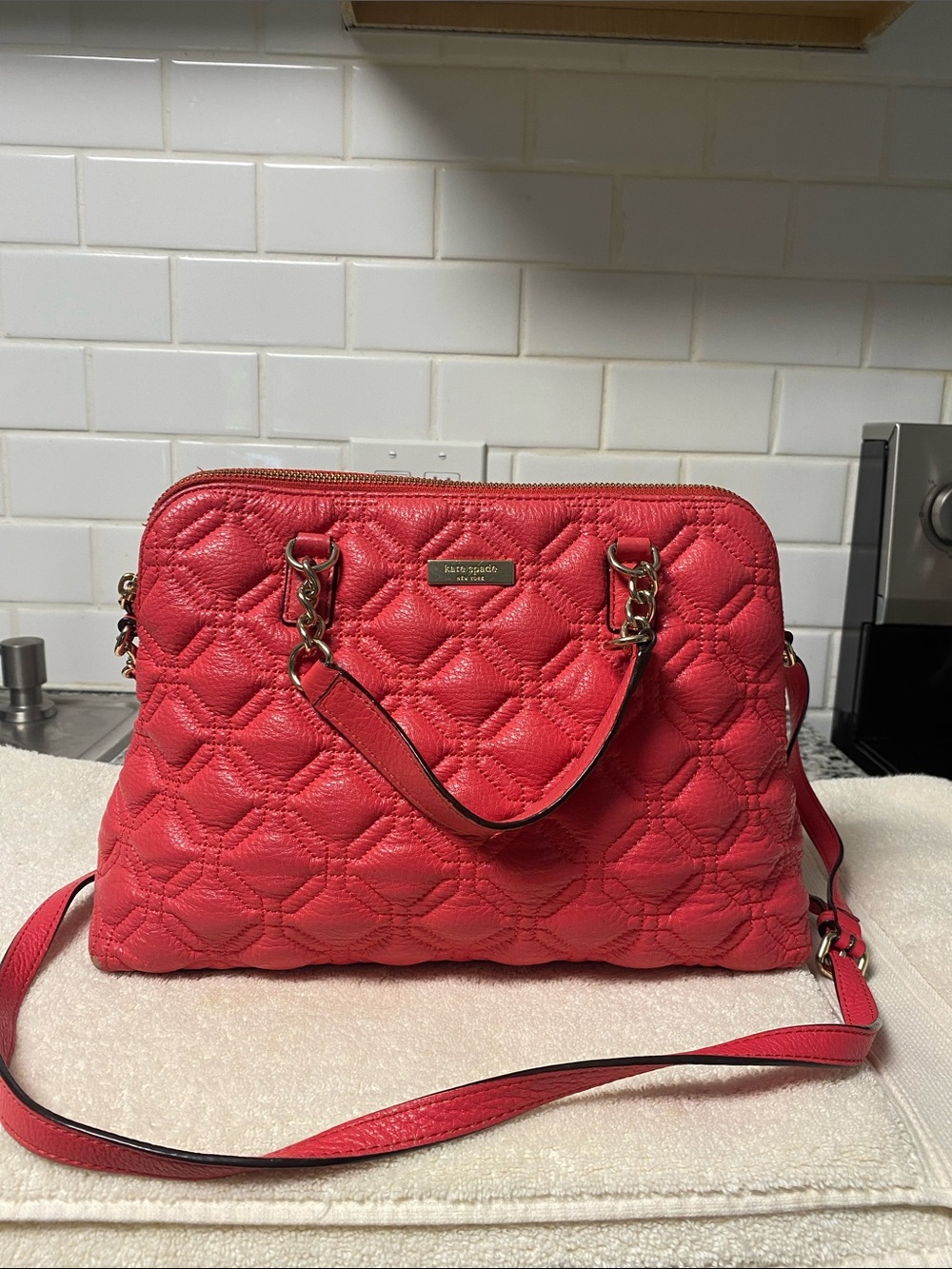 kate spade red quilted leather shoulder bag with chain accents